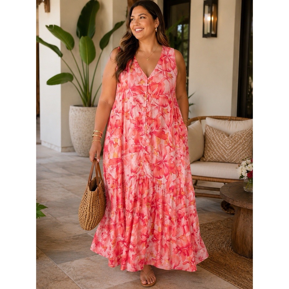 Tribal NWT XXL Coral Pink Floral V Neck Button Front Tiered Maxi Dress